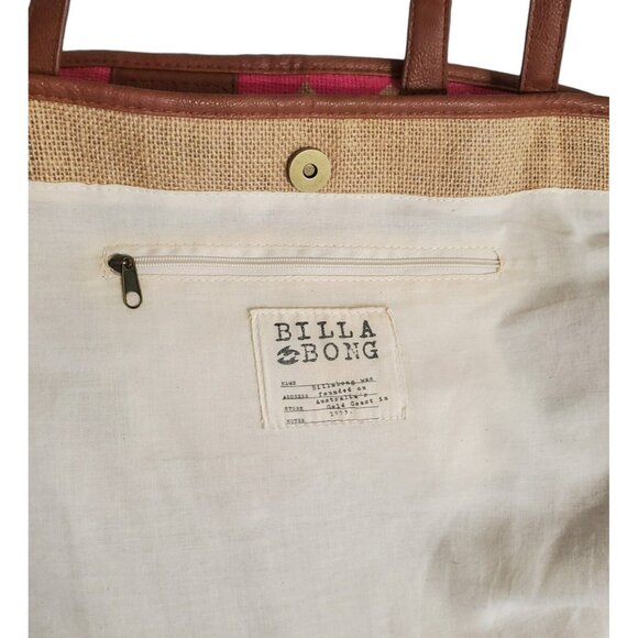 Billabong Boho Tote Beach Bag Southwest Purse Aztec Burlap Lined Hobo Tan Pink - Picture 16 of 16